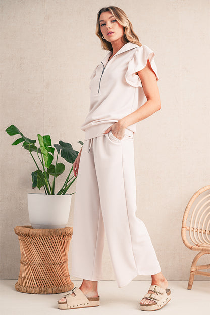 Textured Ruffle Sleeve Zipped Top and Wide Leg Pants Set