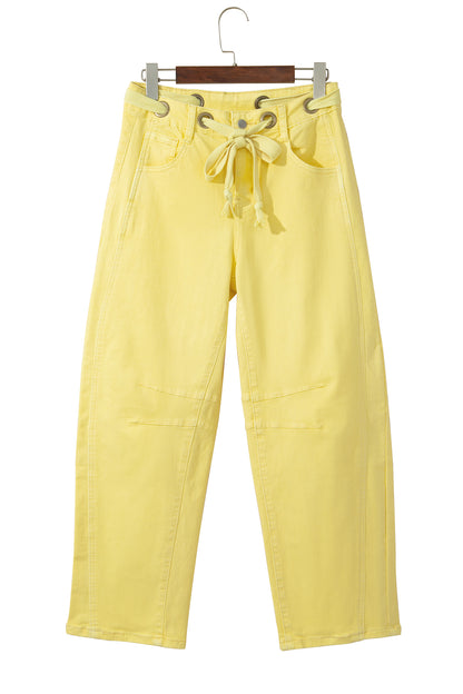 Color Grommet Detail Knot Waist Barrel Jeans