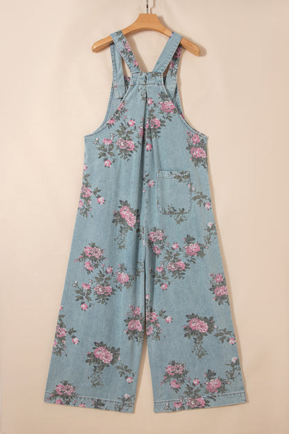 Floral Print Pleated High Waist Wide Leg Denim Jumpsuit