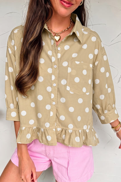 Polka Dot Print Three Quarter Sleeve Ruffle Hem Casual Shirt