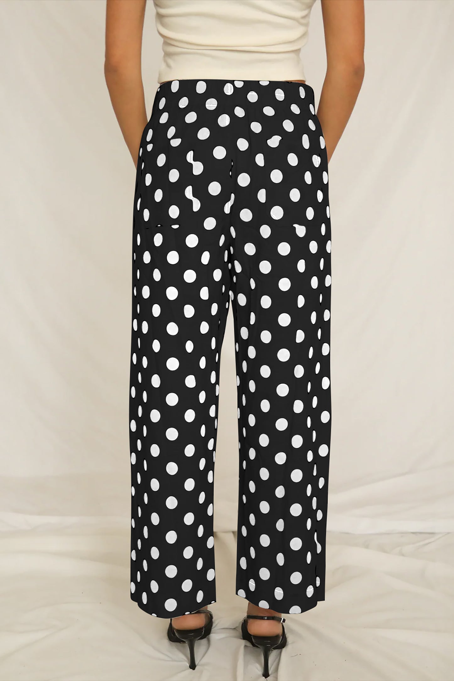 Polka Dot Print Patched Pocket Mid-rise Straight Leg Pants