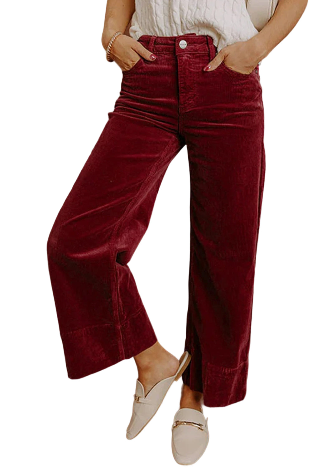 Corduroy Solid Color High Waist Wide Leg Pants