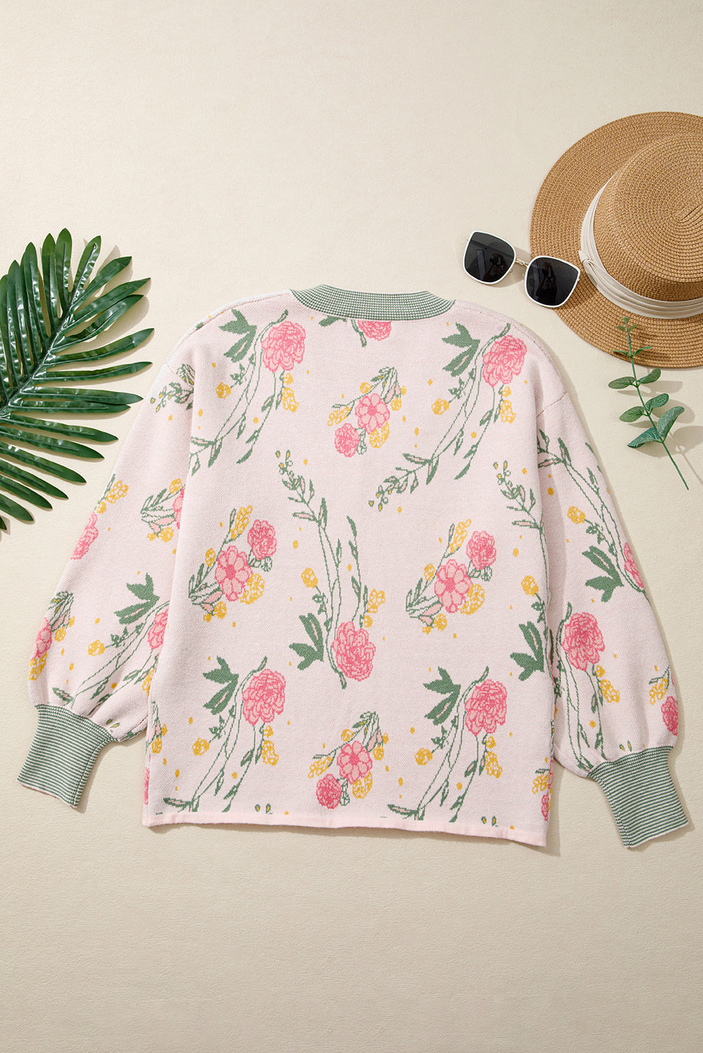 Pink Floral Colorblock V Neck Loose Sweater