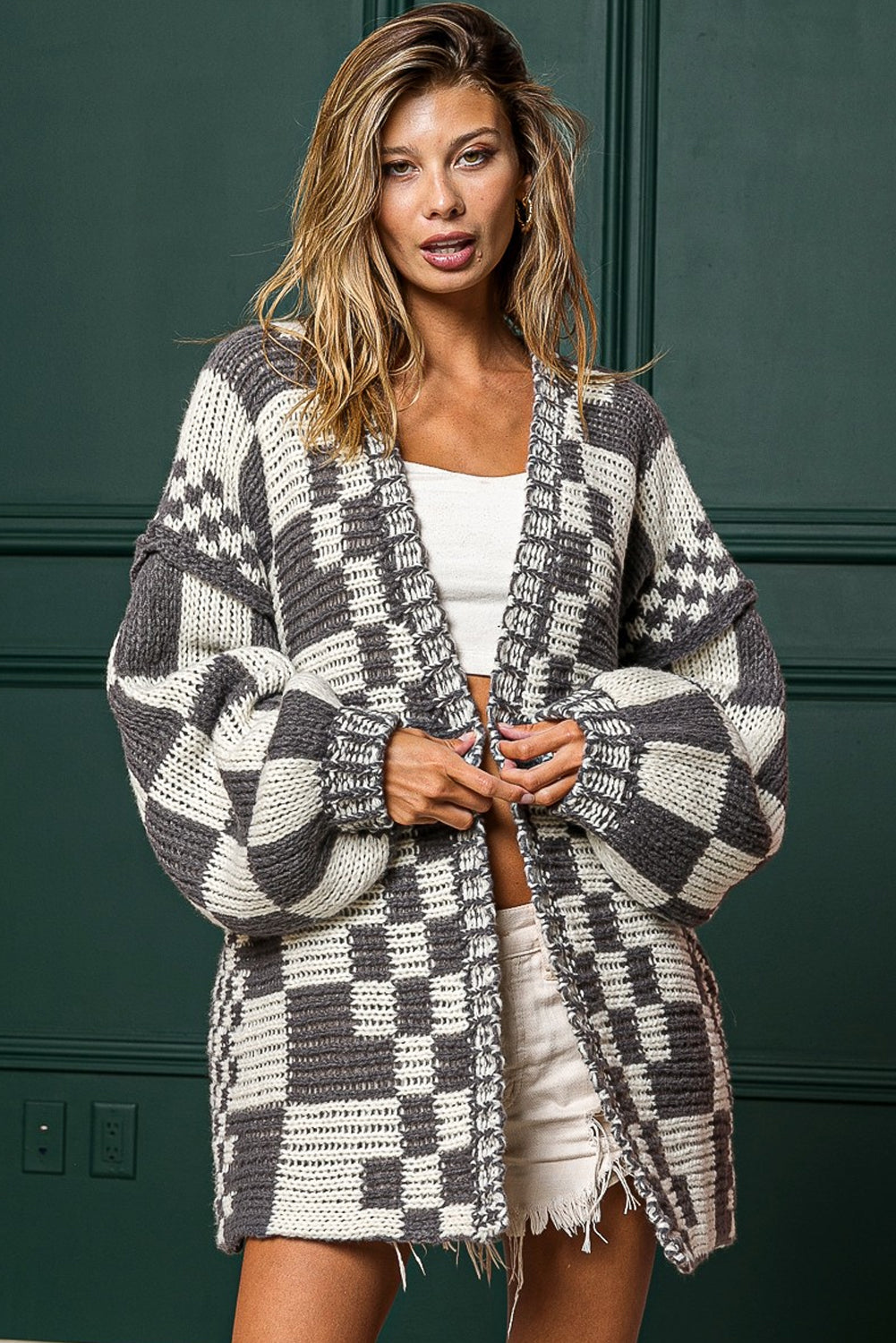 Rose Red Colorblock Checked Open Front Knitted Cardigan
