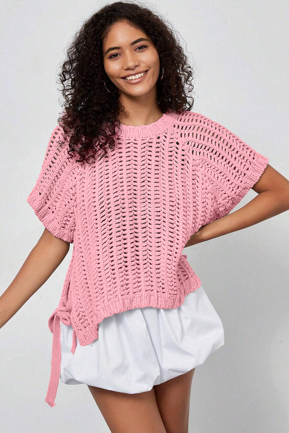 Open Knit Bow Tie Short Sleeve Sweater