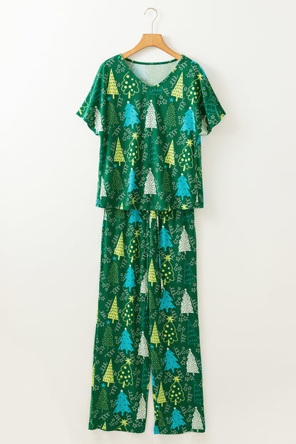 Green Christmas Tree Print V Neck Tee and Pants Pajama Set