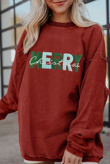 MERRY Christmas Terry Flocking Corded Graphic Sweatshirt