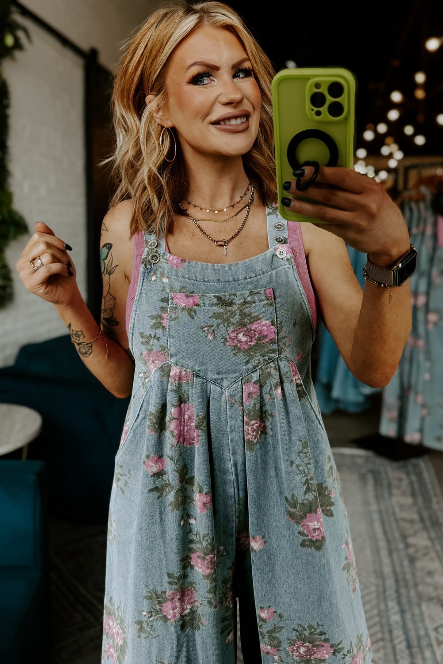 Floral Print Pleated High Waist Wide Leg Denim Jumpsuit