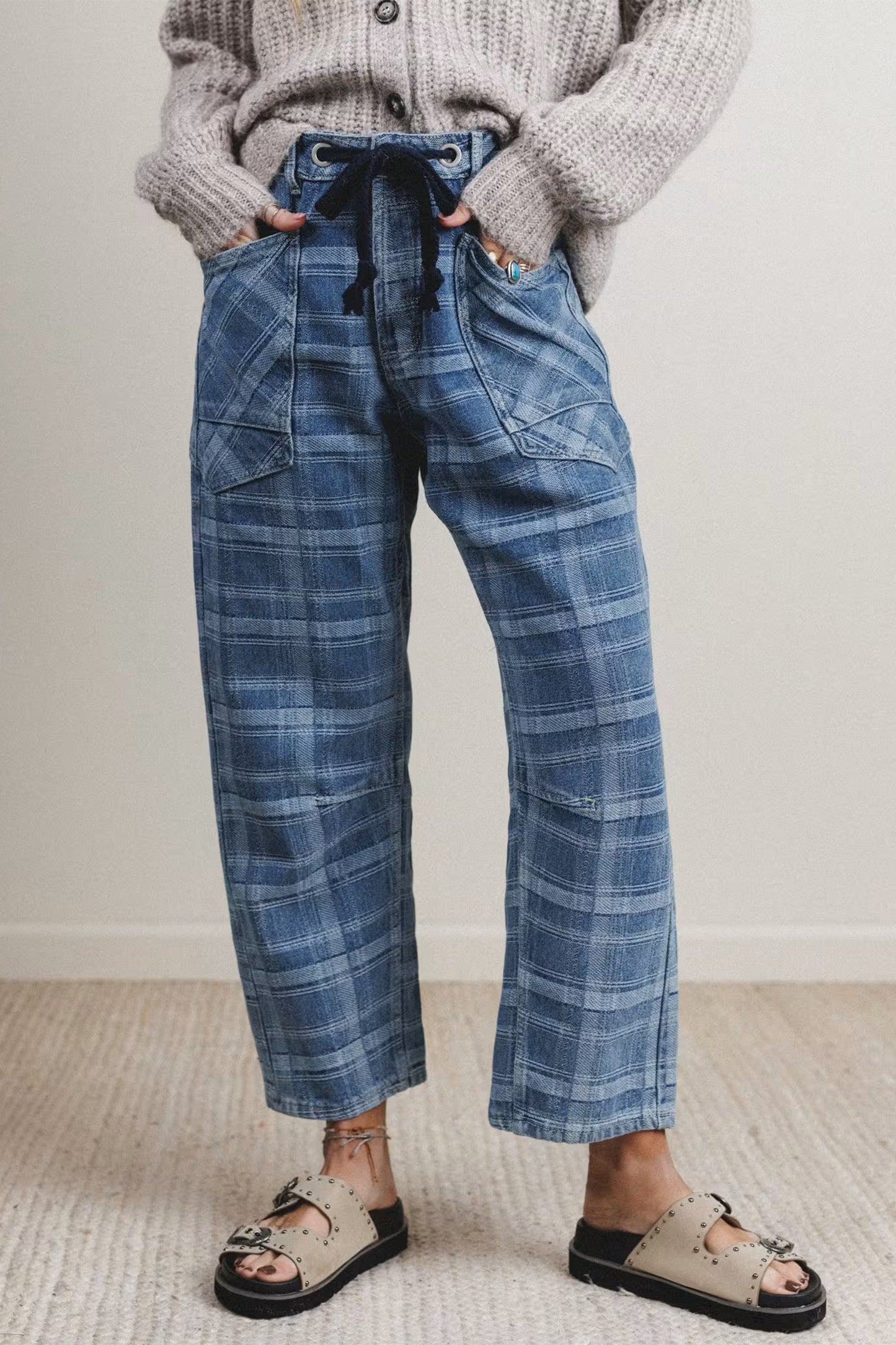 Sky Blue Plaid Denim Grommet Drawstring Waist Ankle-Length Jeans