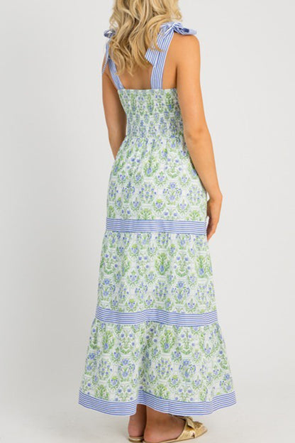 Geometric Floral Print Striped Patchwork Detail Sleeveless Dress