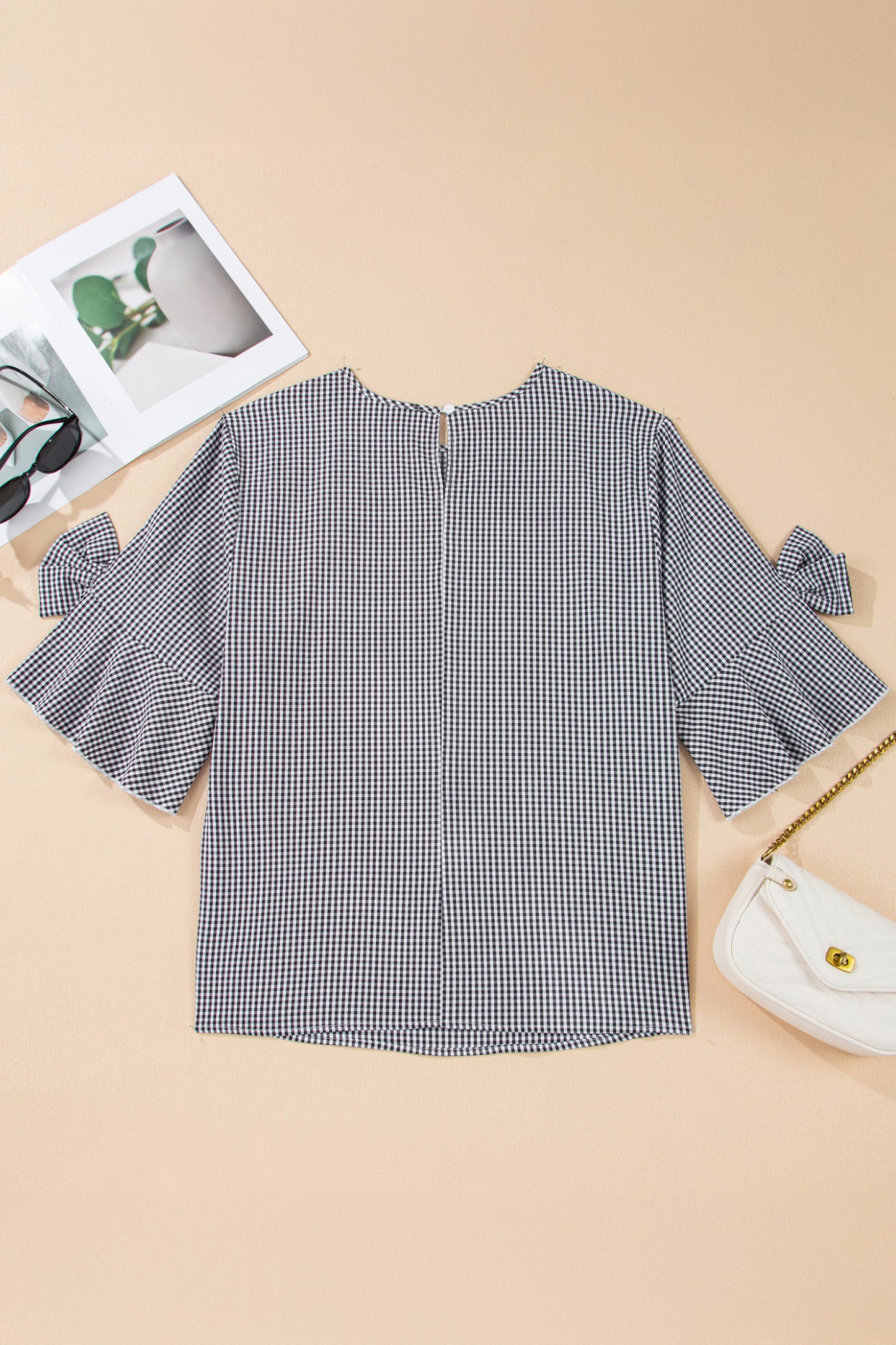 Black Plus Size Plaid Bow Decor Bell Sleeve Round Neck Blouse