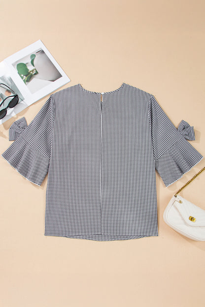 Black Plus Size Plaid Bow Decor Bell Sleeve Round Neck Blouse