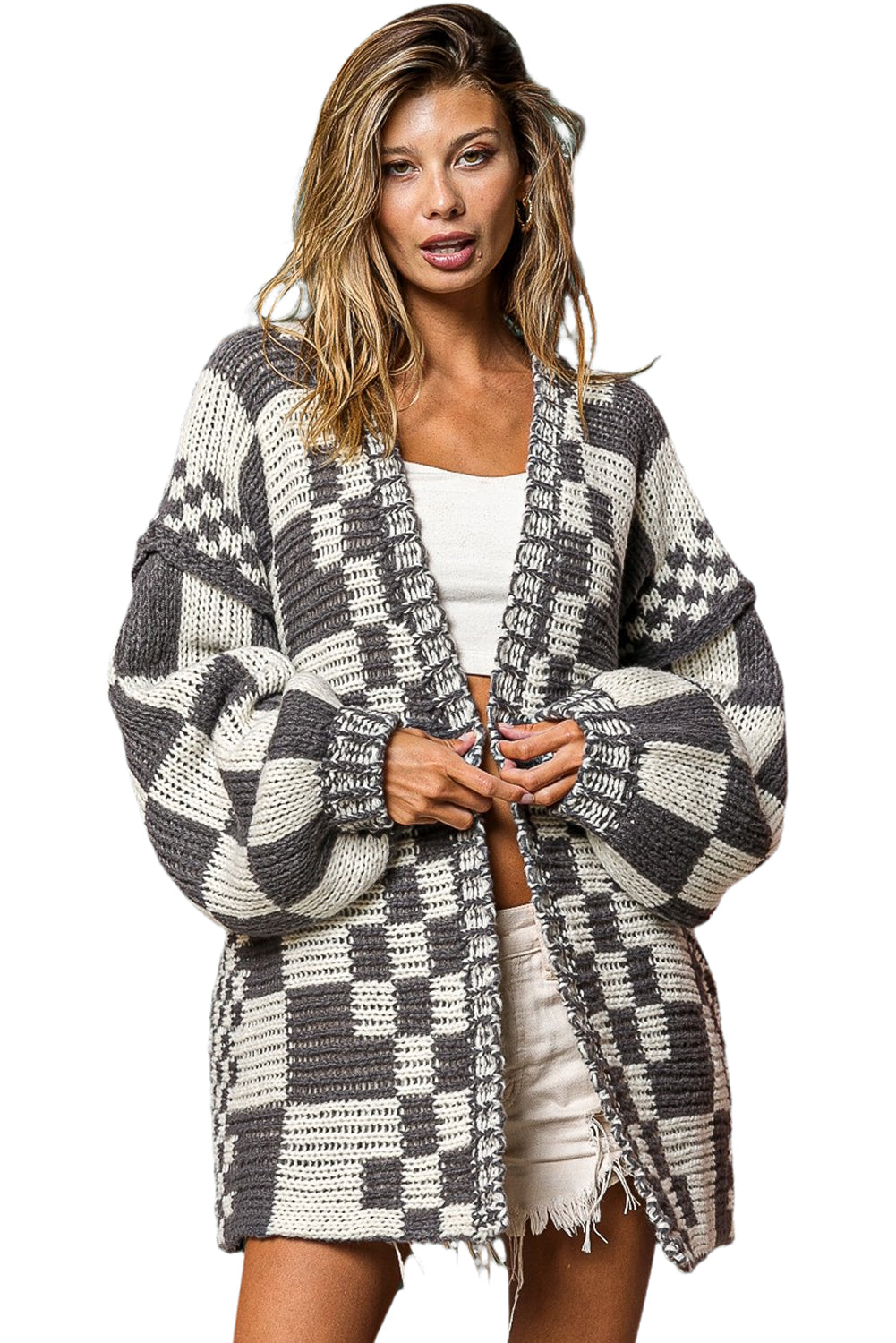 Rose Red Colorblock Checked Open Front Knitted Cardigan