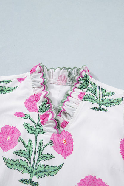 Wild Floral Print Scalloped Embroidery Trim V Neck Drop Waist Mini Dress