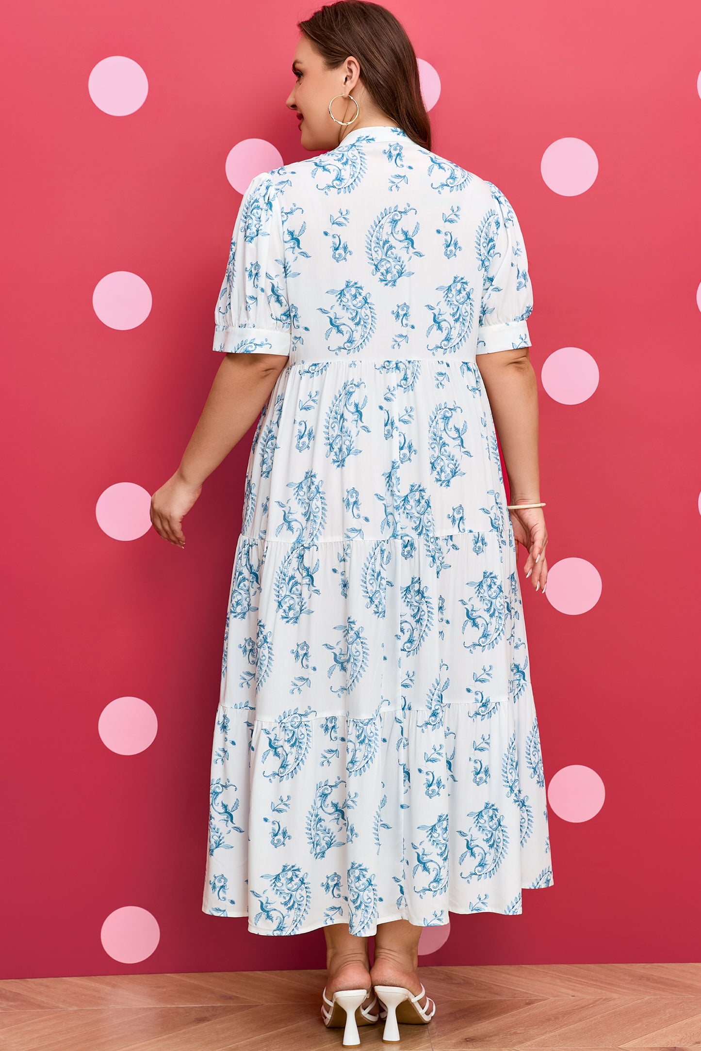 Sky Blue Plus Size Floral Print Button Split Neck Short Sleeve Maxi Dress