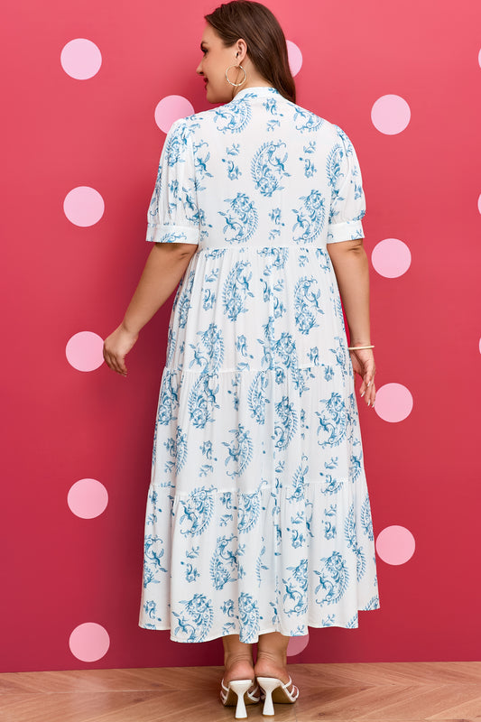 Sky Blue Plus Size Floral Print Button Split Neck Short Sleeve Maxi Dress