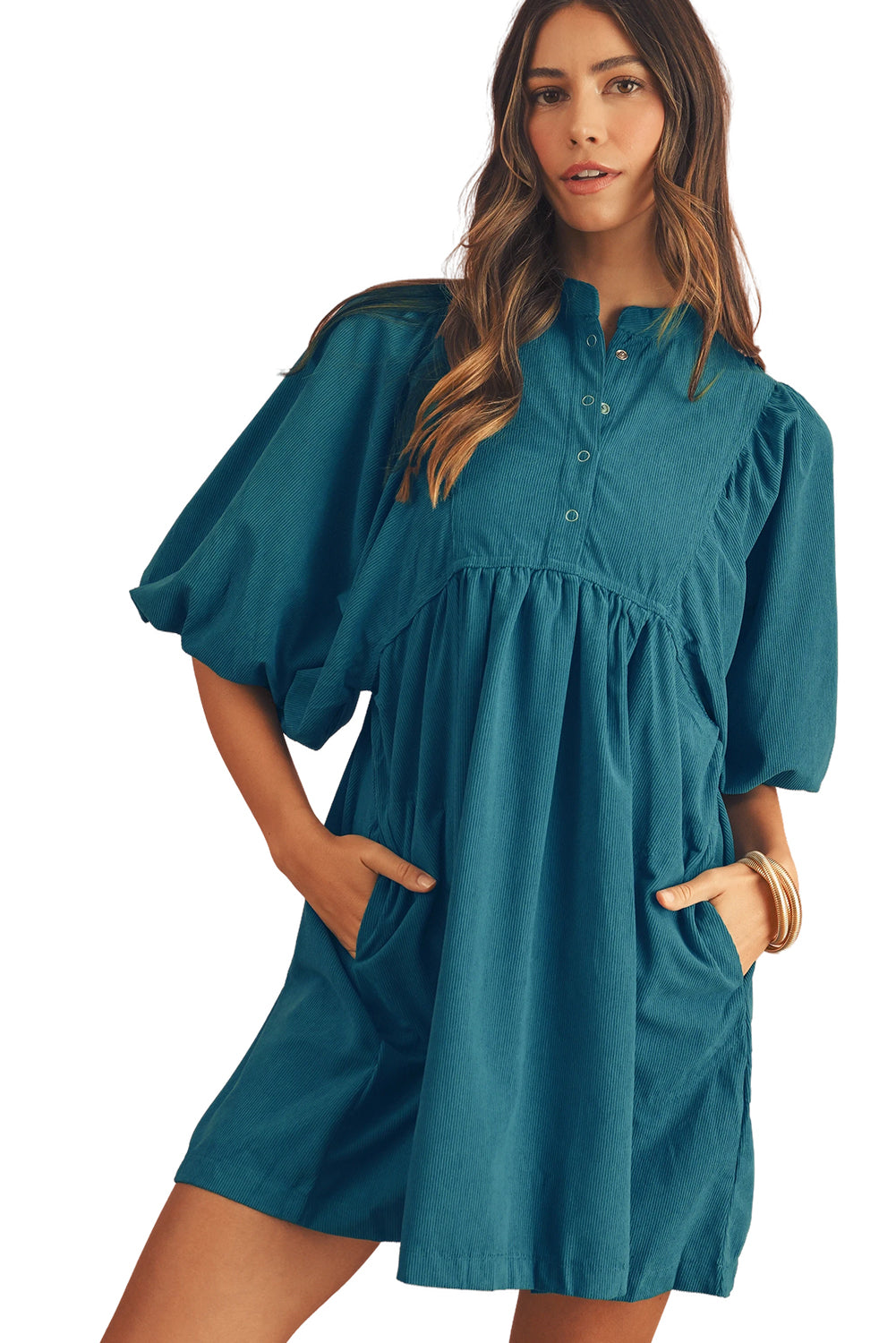 Light Snap Button Empire Waist Lantern Sleeve Corduroy Dress