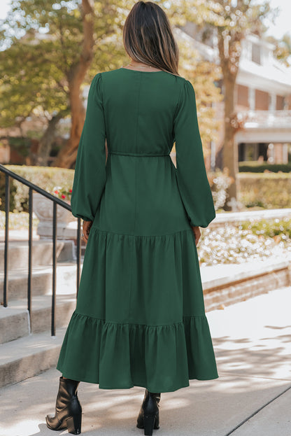 Solid Long Sleeve Button V Neck Tiered Maxi Dress