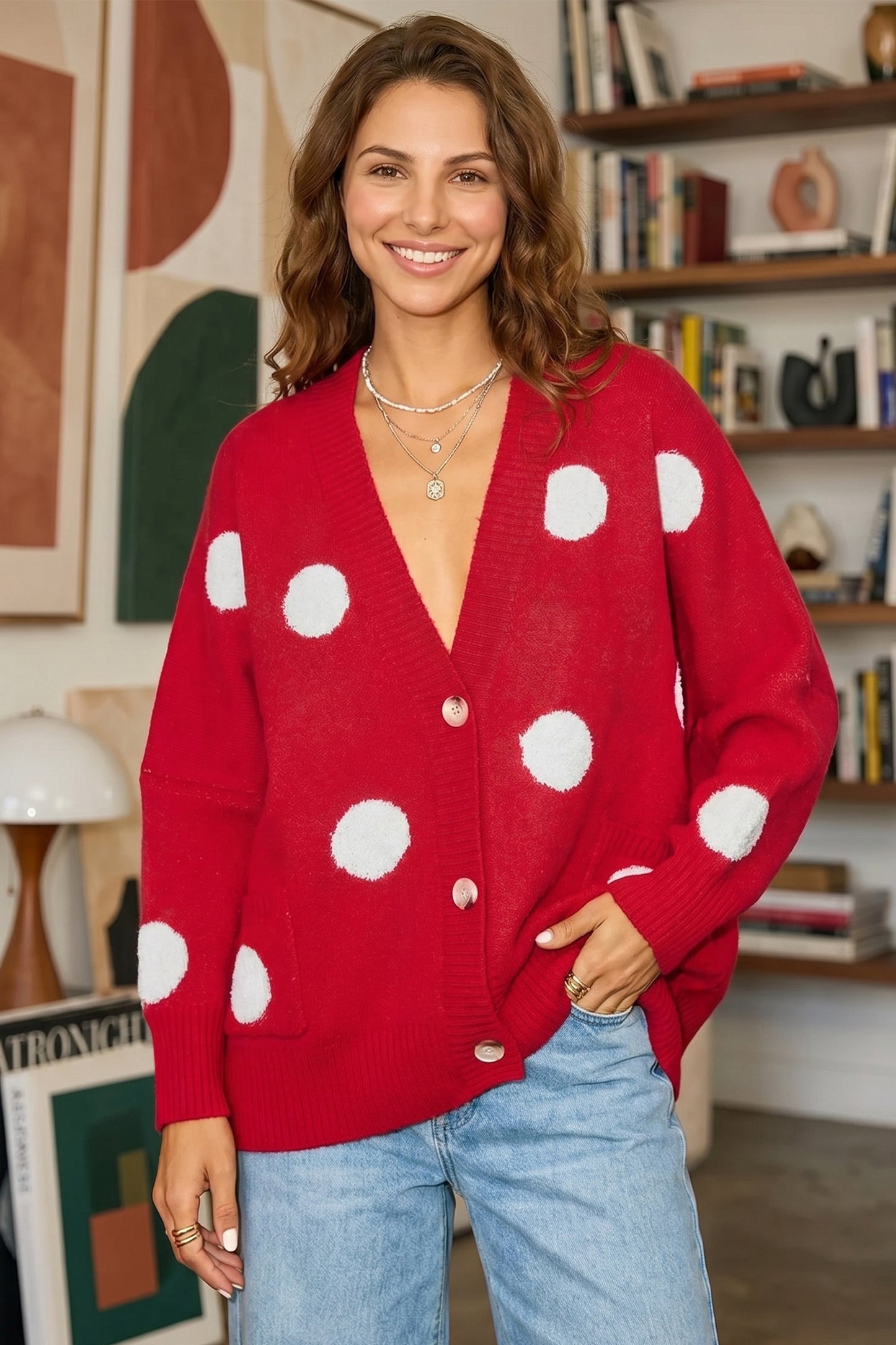 Polka Dot Button Front Oversized V Neck Cardigan