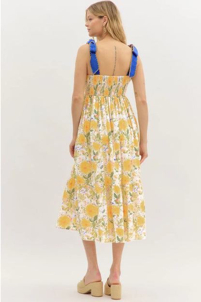 Floral Print Contrast Stitched Knot Denim Straps High Waist Dress