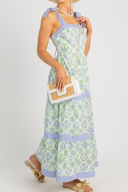 Geometric Floral Print Striped Patchwork Detail Sleeveless Dress