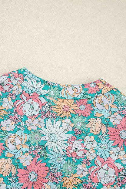 Multicolor Floral Print Short Puff Sleeve V Neck Boho Peplum Blouse