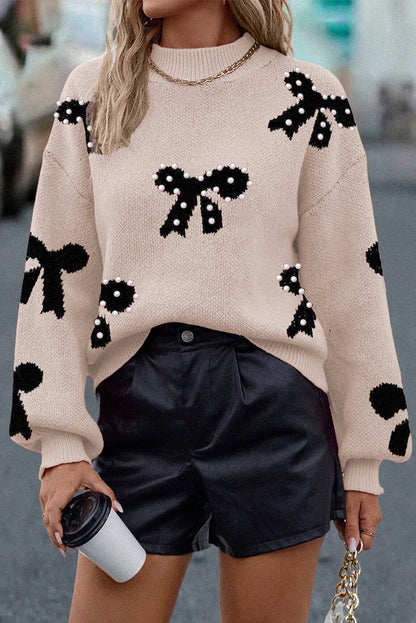 Pearl Embellished Bow Pattern Loose Sweater