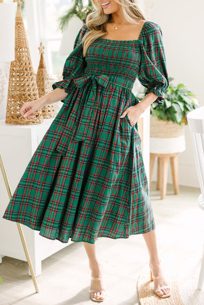 Plaid Square Neck Puff Sleeve Bowknot Waist Flared Midi Dress