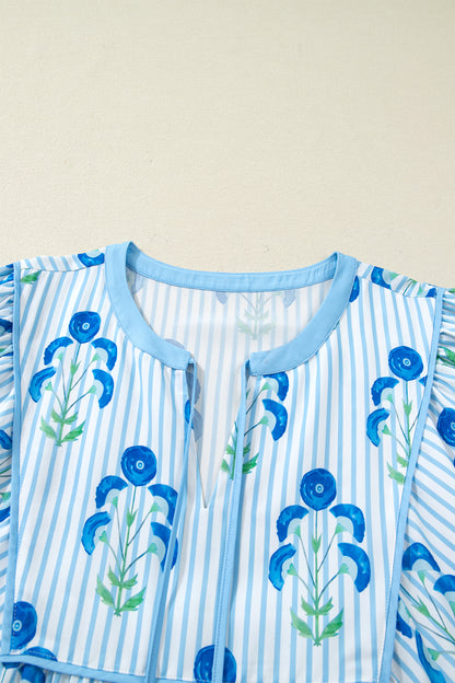Sky Blue Floral Striped Bubble Short Sleeve Plus Size Dress
