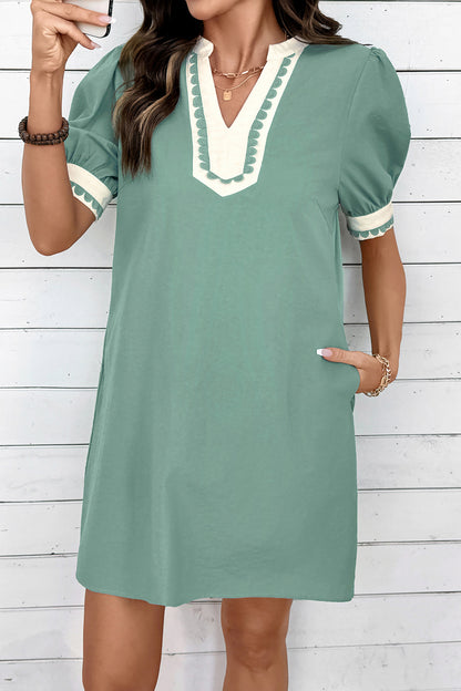 Scallop Color Block Trim Puff Sleeve Mini Dress