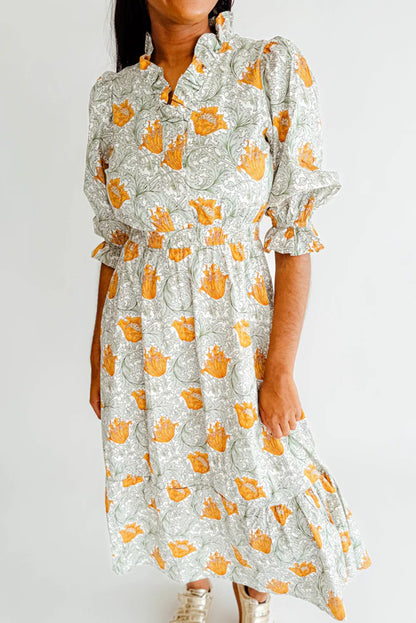 Floral Printed Frilled V Neck Bracelet Sleeve Long Dress