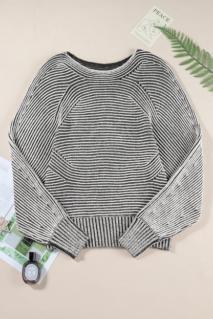 Striped Print Ribbed Knit Raglan Sleeve Baggy Sweater