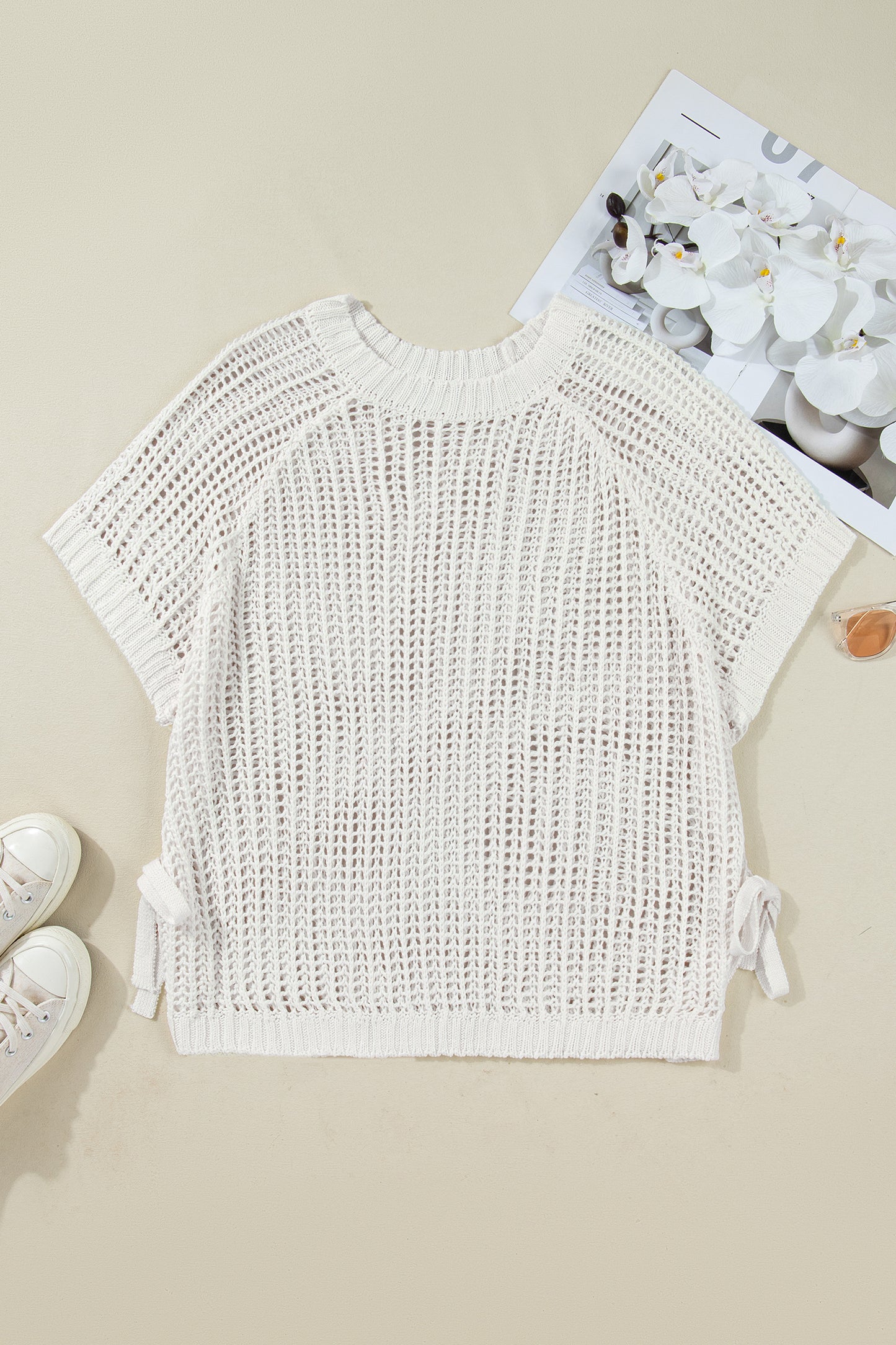 Open Knit Bow Tie Short Sleeve Sweater