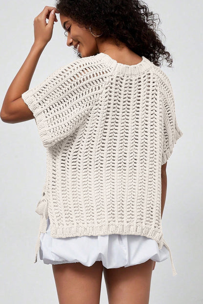 Open Knit Bow Tie Short Sleeve Sweater