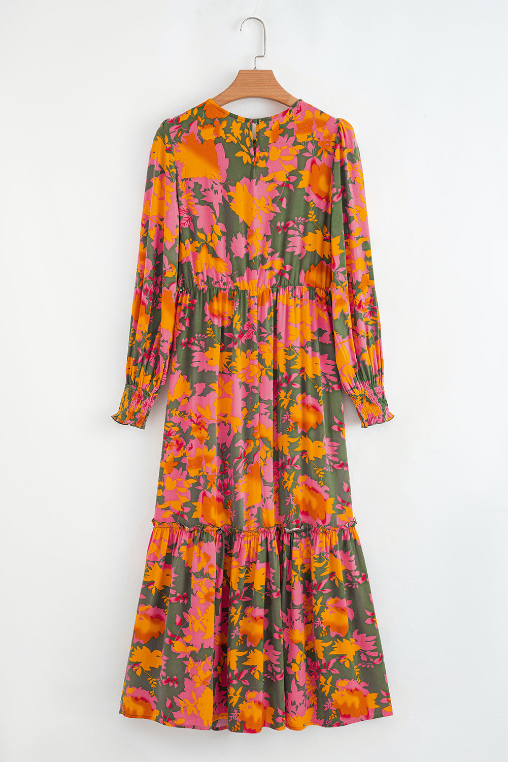 Orange Floral Puff Sleeve Smocked Bodice Frill Tiered Dress