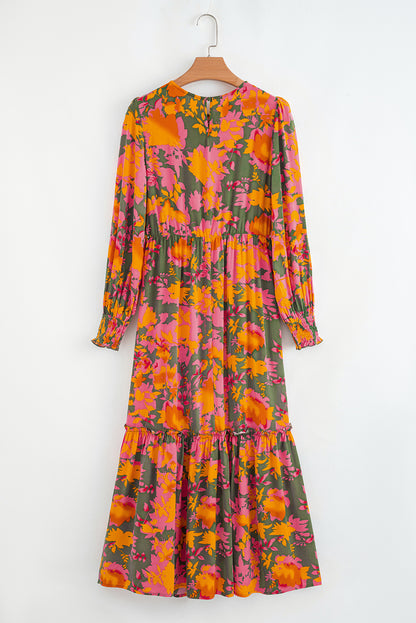 Orange Floral Puff Sleeve Smocked Bodice Frill Tiered Dress