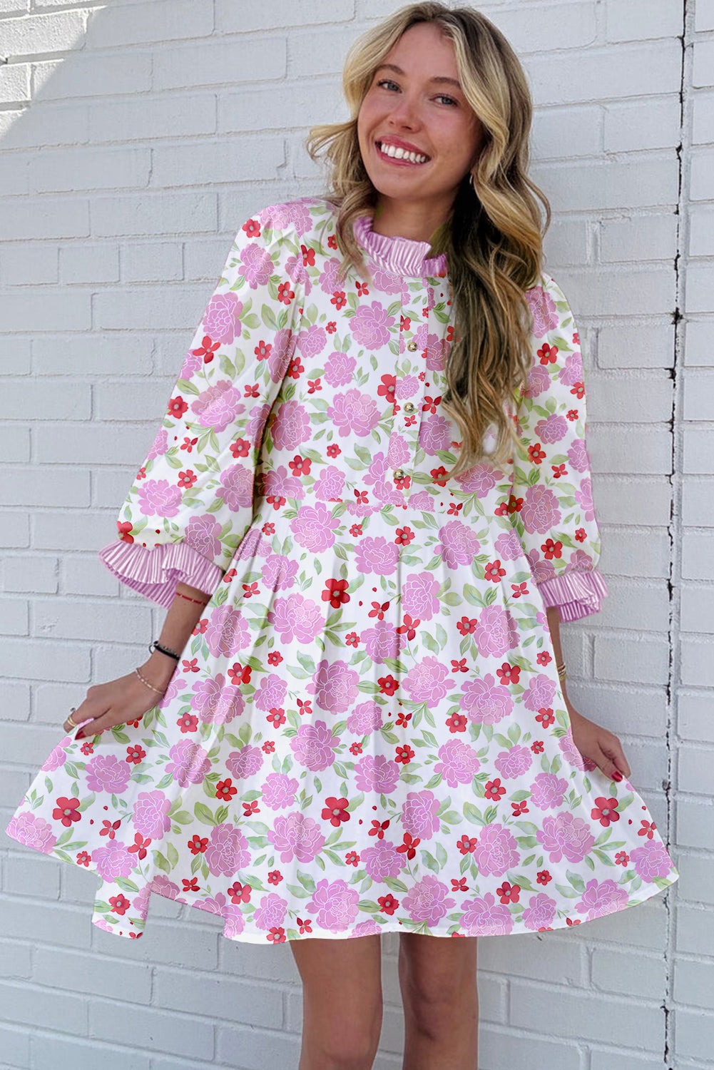 Pink Floral Print Striped Trim Flowy Mini Dress