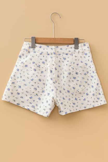White Floral Casual Cute Denim Shorts