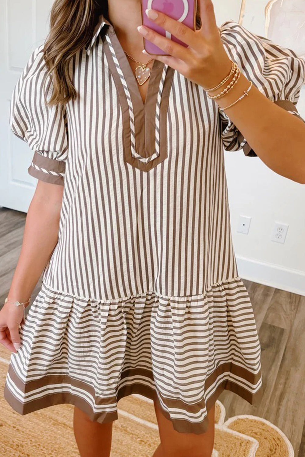 Brown Stripe Shirt Ruffle Hem Short Dress