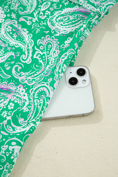 Green Paisley Print Long Sleeve Button Front Tied Waist Mini Dress