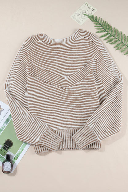 Striped Print Ribbed Knit Raglan Sleeve Baggy Sweater