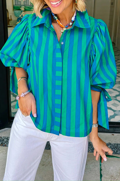 Stripe Tie Puff Sleeve Womens Button Down Shirt