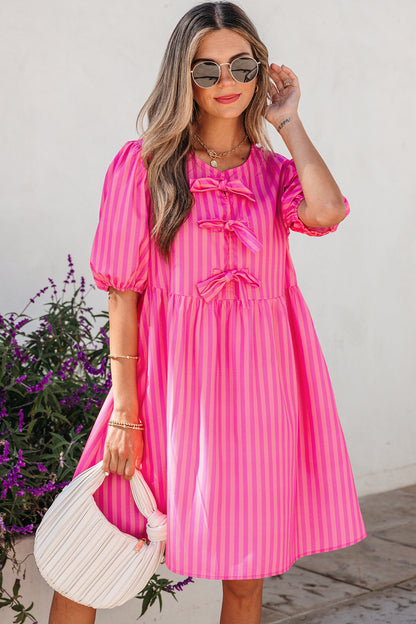 Striped Print Bow Detail Short Puff Sleeve Mini Dress