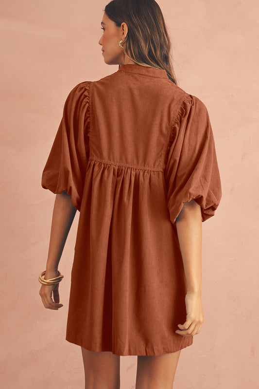 Light Snap Button Empire Waist Lantern Sleeve Corduroy Dress