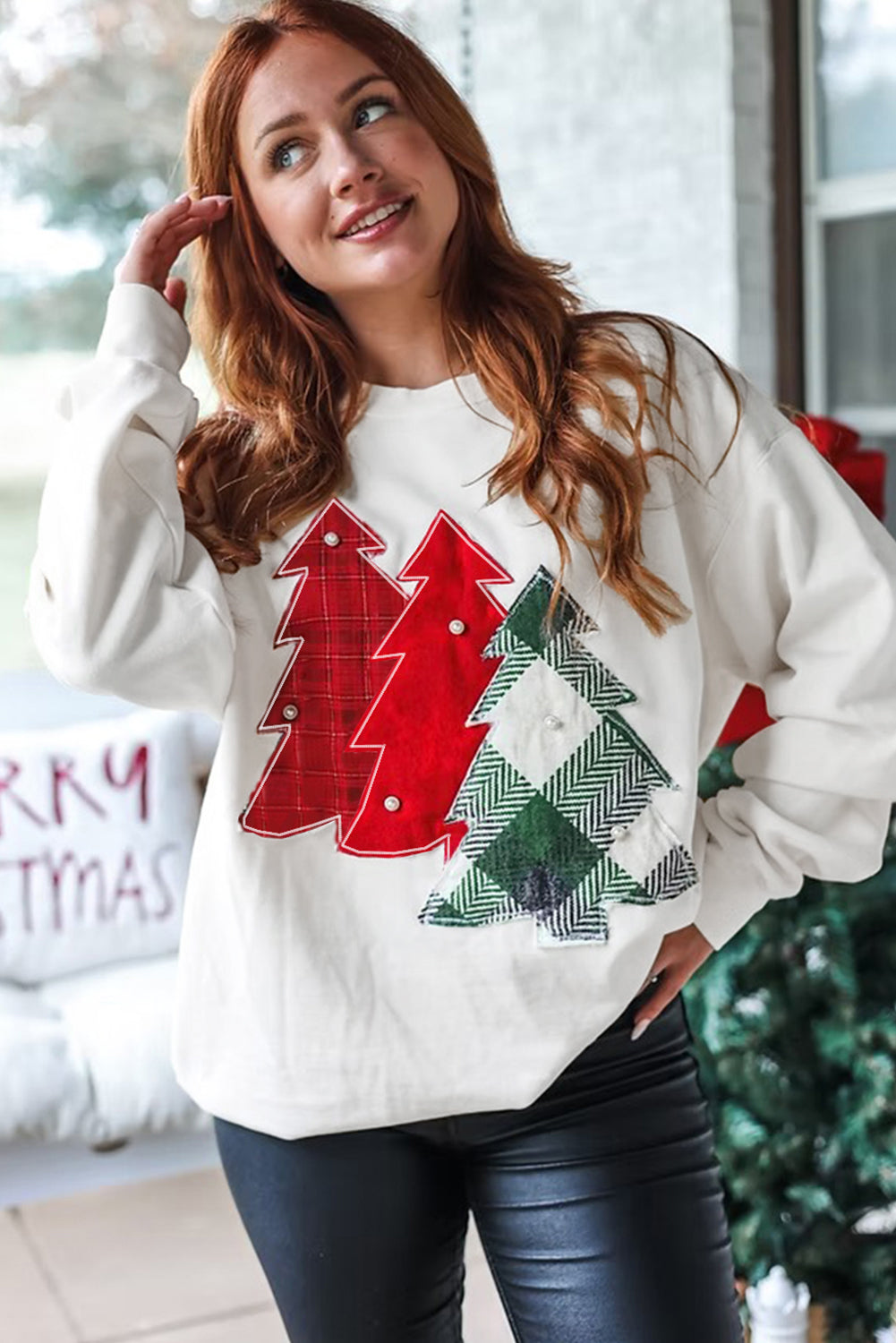 White Pearl Plaid Christmas Tree Patched Drop Shoulder Sweatshirt