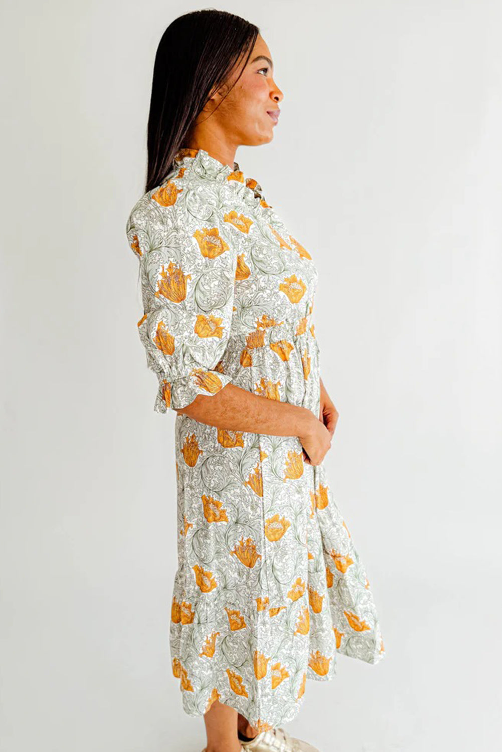 Floral Printed Frilled V Neck Bracelet Sleeve Long Dress