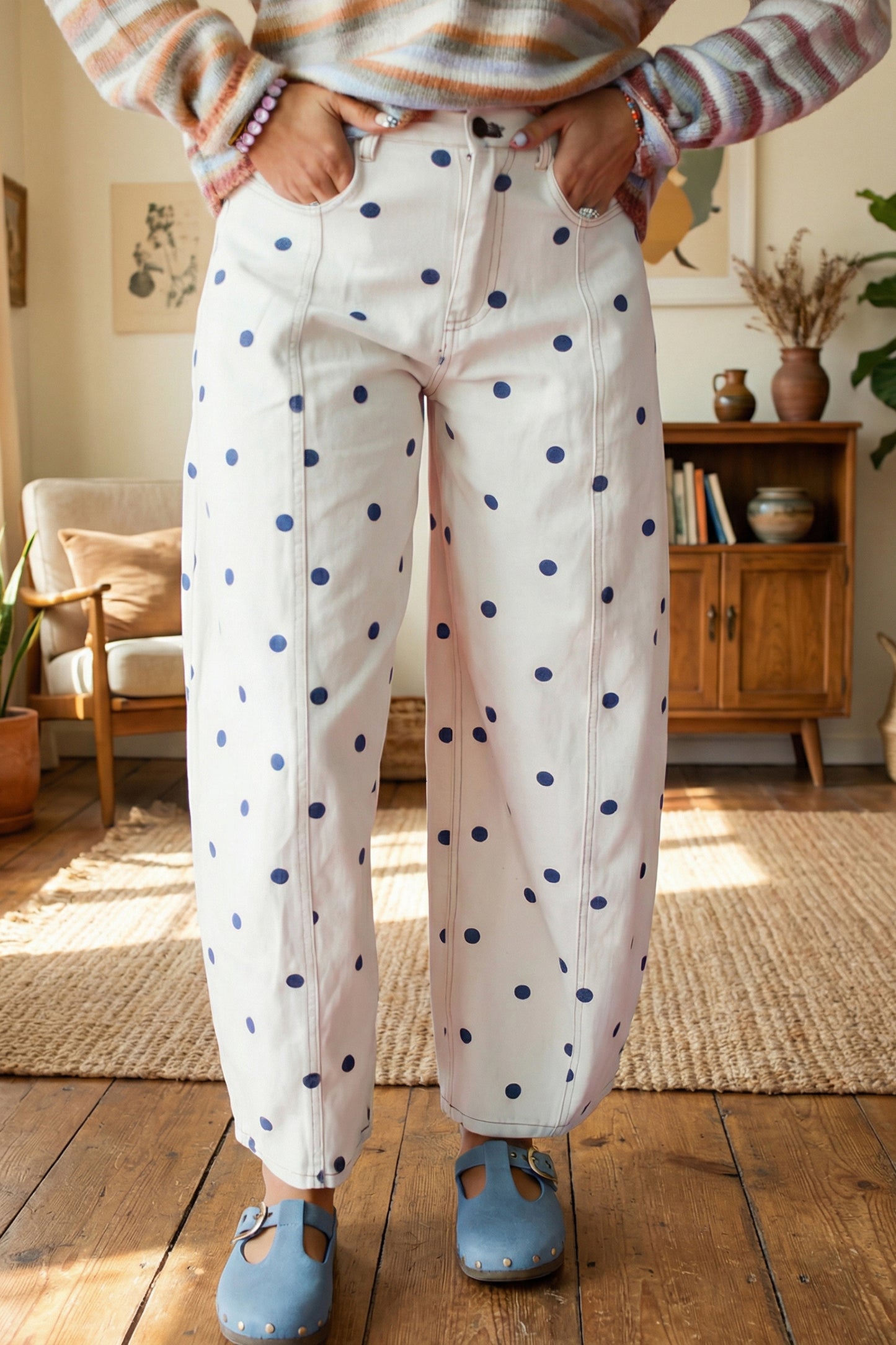 Tailored Seam Polka Dot Print Barrel Casual Jeans