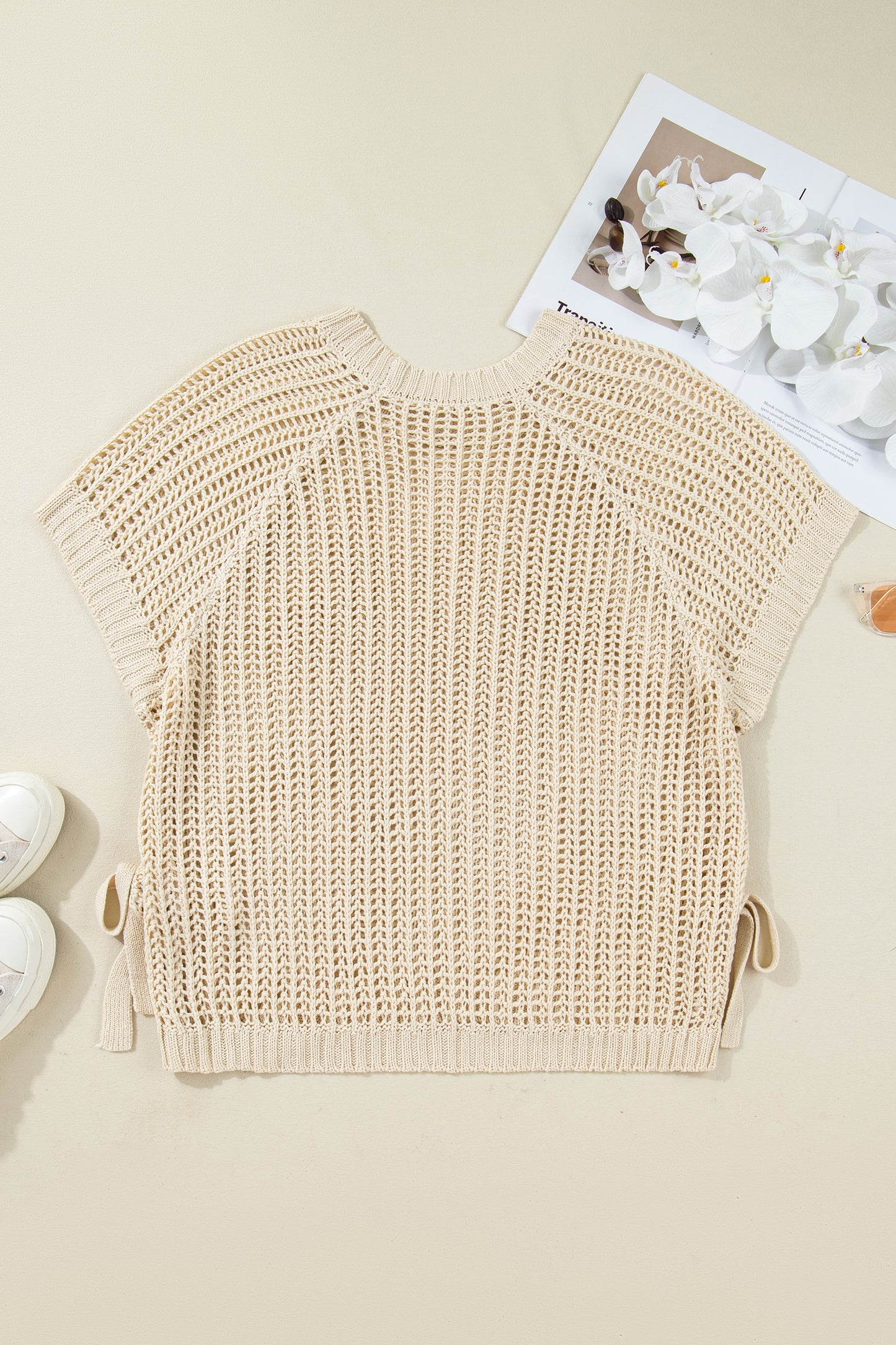 Open Knit Bow Tie Short Sleeve Sweater