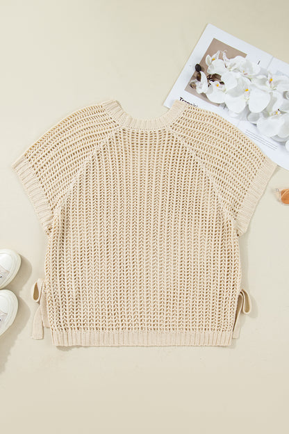 Open Knit Bow Tie Short Sleeve Sweater