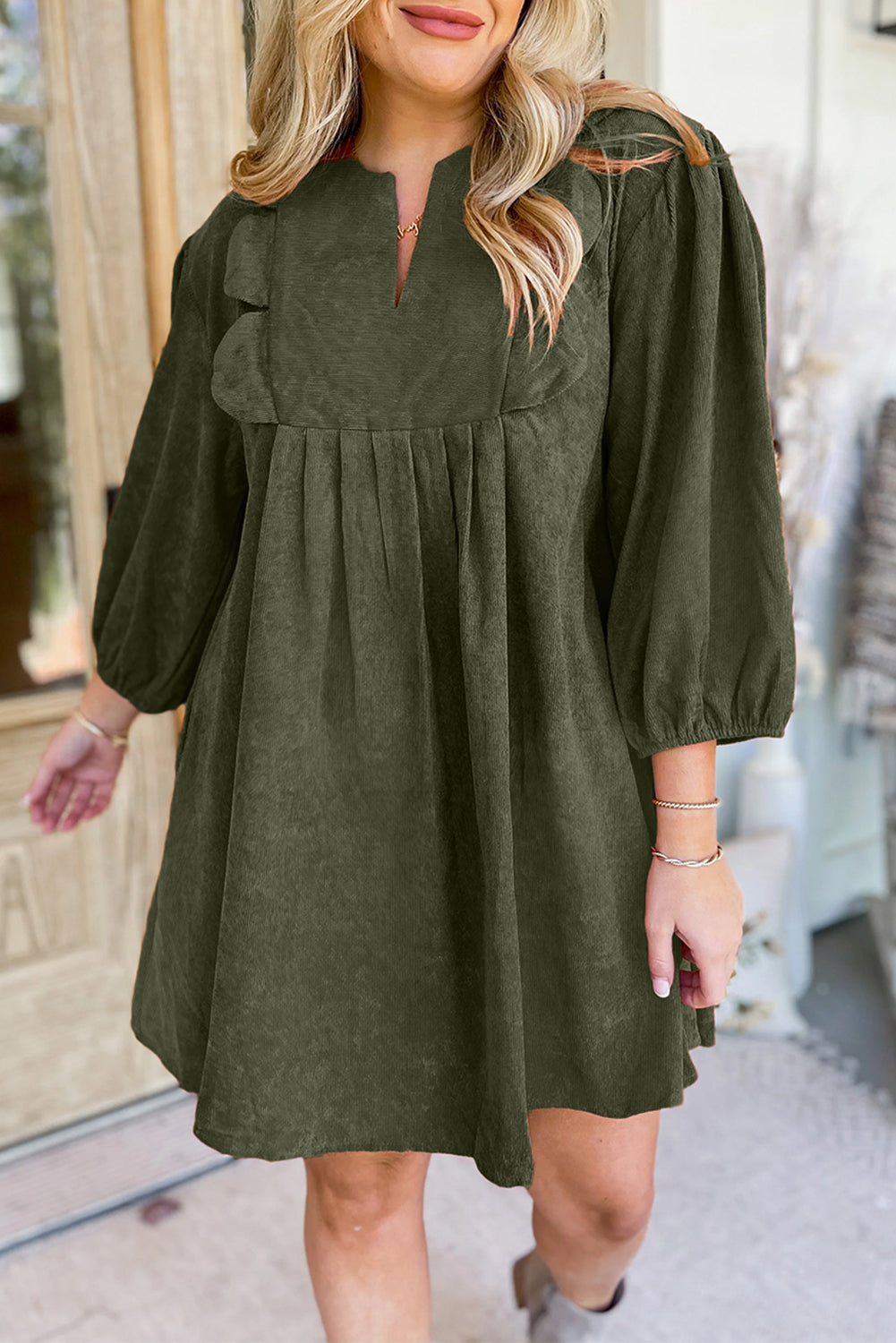 Split Neck Scallop Detail Pleated Corduroy Mini Dress